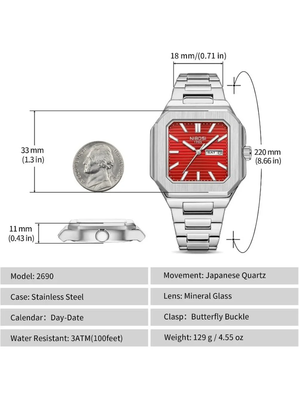 Men's Silver Red Square Analog Quartz Stainless Steel  Waterproof Wrist Watch